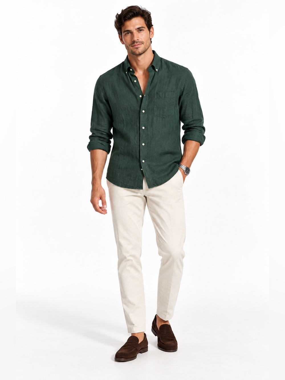 Zara Mens Forest Green Button Down Shirt Small Long Sleeve Chest Pocket